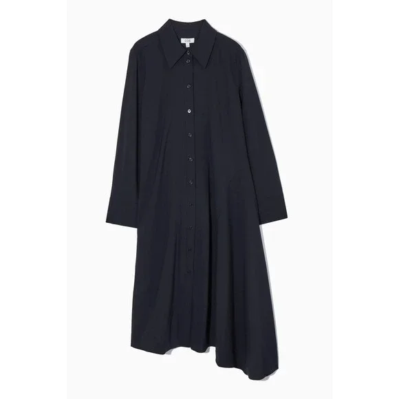 COS Navy Asymmetric Wool Shirt Dress Button Front Midi US 14 Minimalist - Picture 2 of 9
